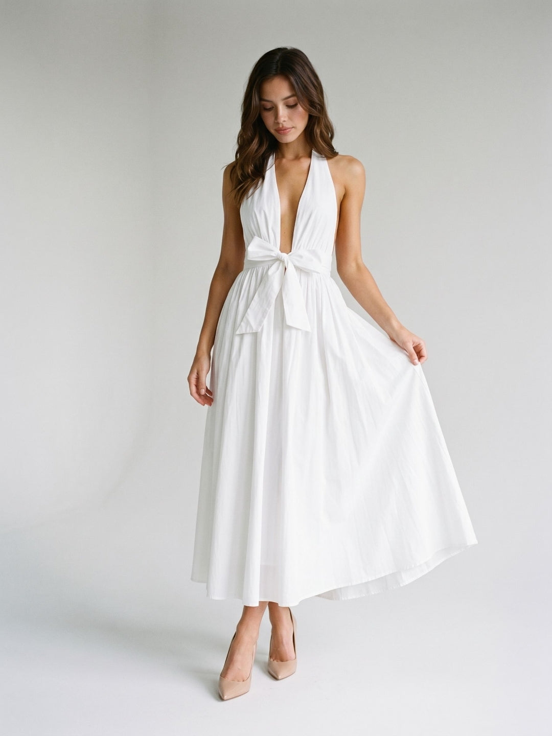 White Matte Satin A-Line Halter Neckline Backless Ankle-Length Dress - Curvevia