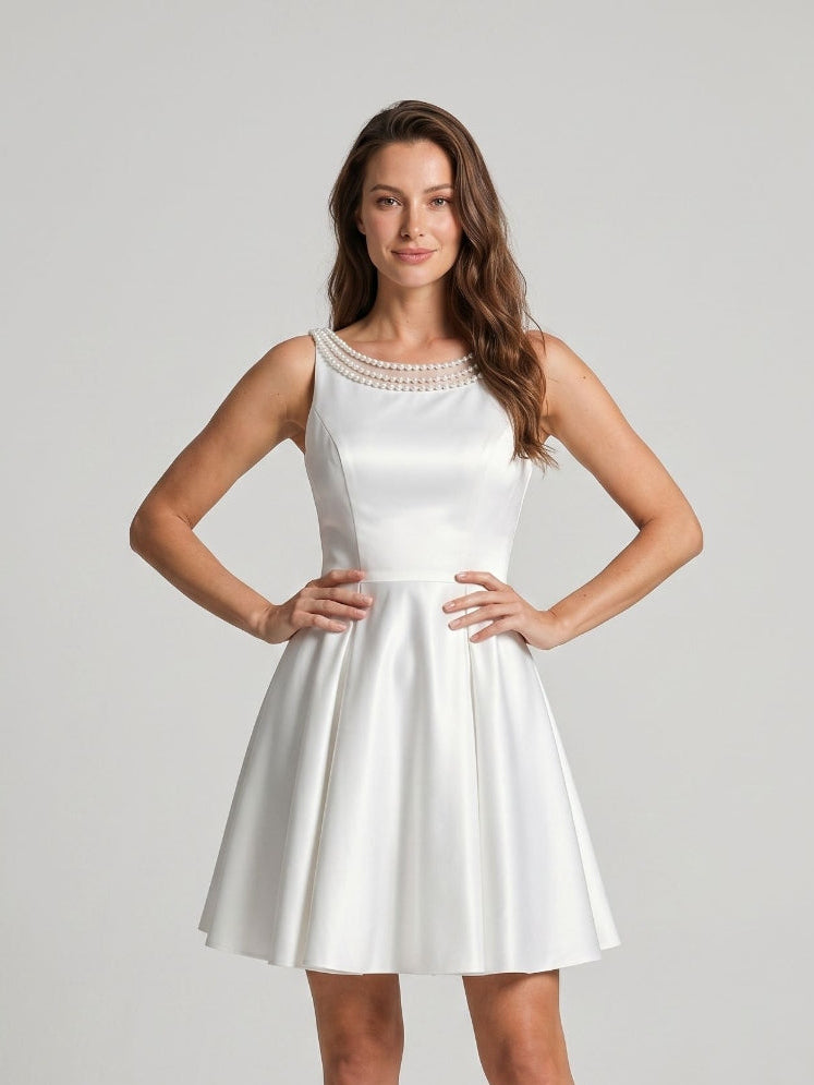 White Matte Satin A-Line Scoop Neck Back Zip Short Dress with Beading - Curvevia