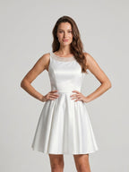 White Matte Satin A-Line Scoop Neck Back Zip Short Dress with Beading - Curvevia