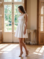 White Matte Satin A-Line Scoop Neck Back Zip Short Dress with Beading - Curvevia