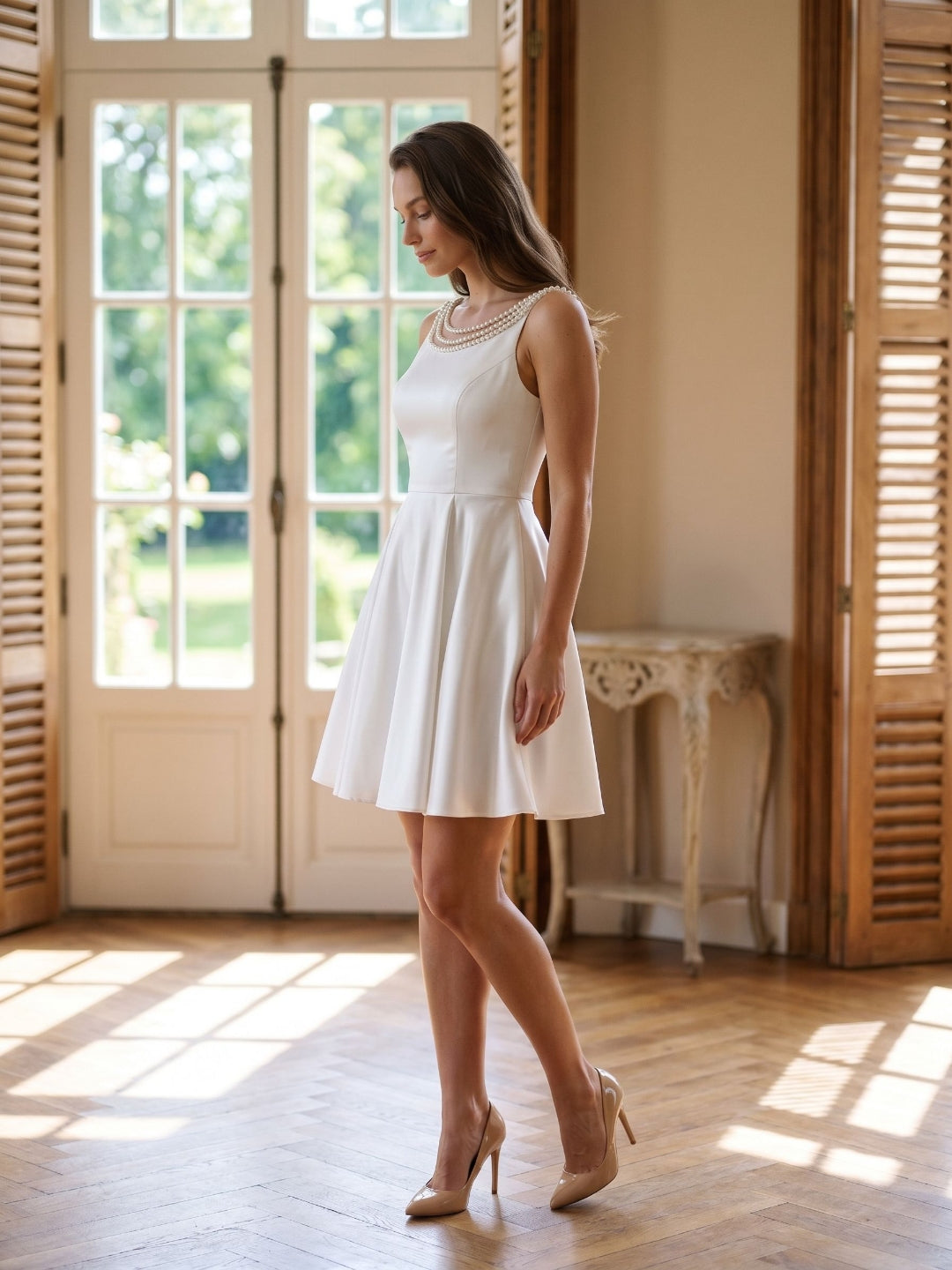 White Matte Satin A-Line Scoop Neck Back Zip Short Dress with Beading - Curvevia
