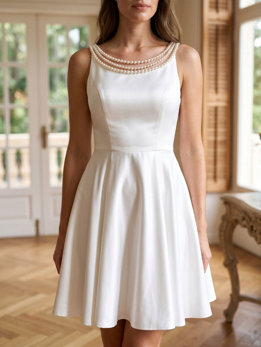 White Matte Satin A-Line Scoop Neck Back Zip Short Dress with Beading - Curvevia