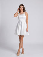White Matte Satin A-Line Scoop Neck Back Zip Short Dress with Beading - Curvevia