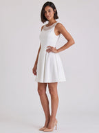 White Matte Satin A-Line Scoop Neck Short Dress with Pleating - Curvevia