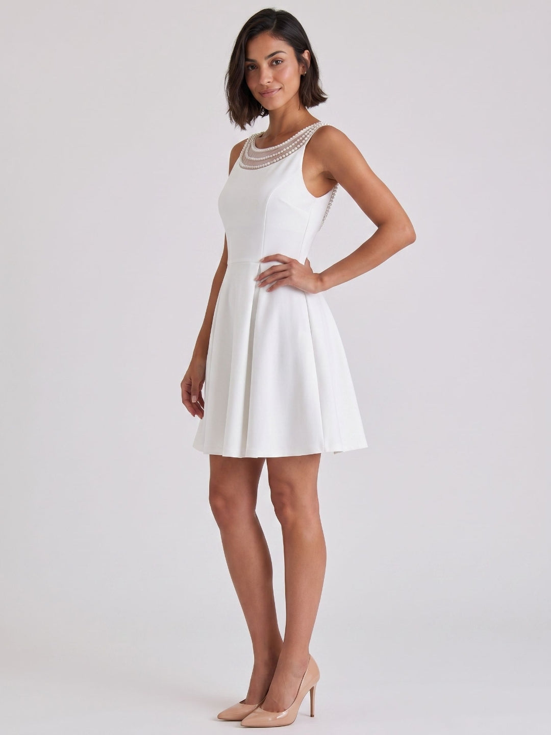 White Matte Satin A-Line Scoop Neck Short Dress with Pleating - Curvevia