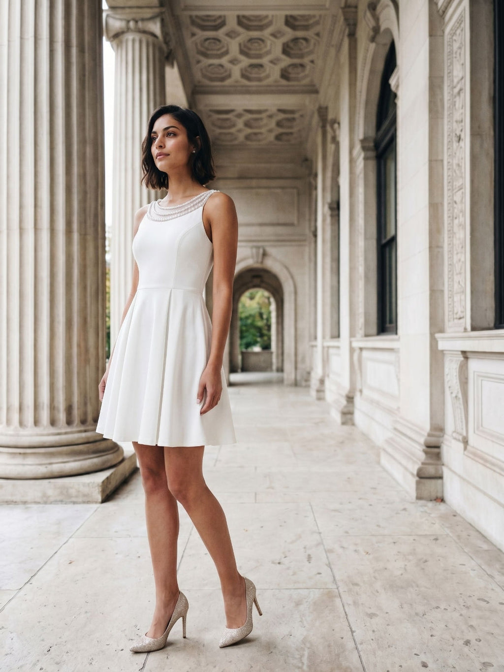 White Matte Satin A-Line Scoop Neck Short Dress with Pleating - Curvevia