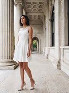White Matte Satin A-Line Scoop Neck Short Dress with Pleating - Curvevia