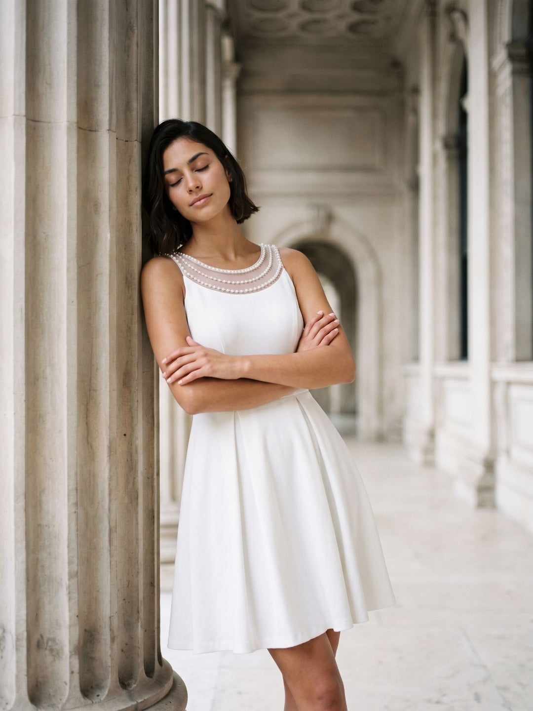 White Matte Satin A-Line Scoop Neck Short Dress with Pleating - Curvevia