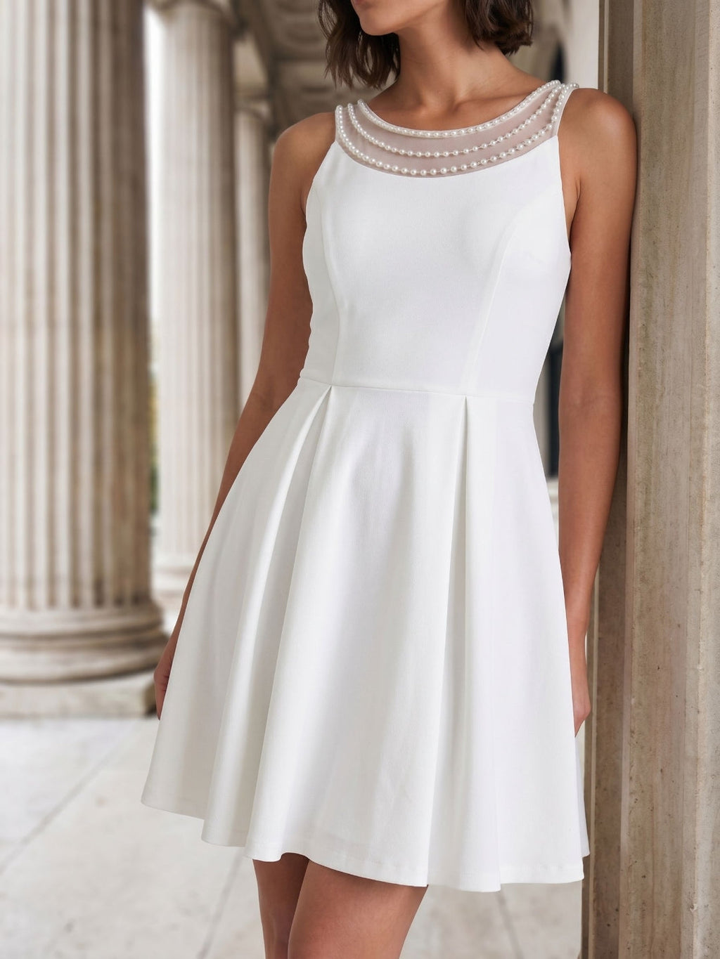 White Matte Satin A-Line Scoop Neck Short Dress with Pleating - Curvevia