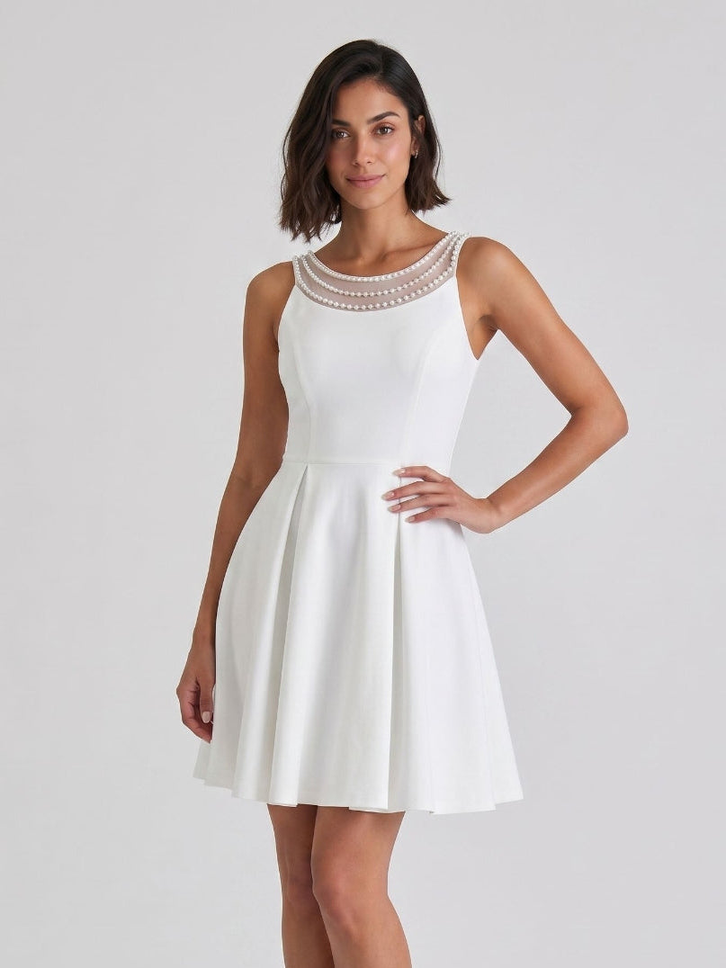 White Matte Satin A-Line Scoop Neck Short Dress with Pleating - Curvevia