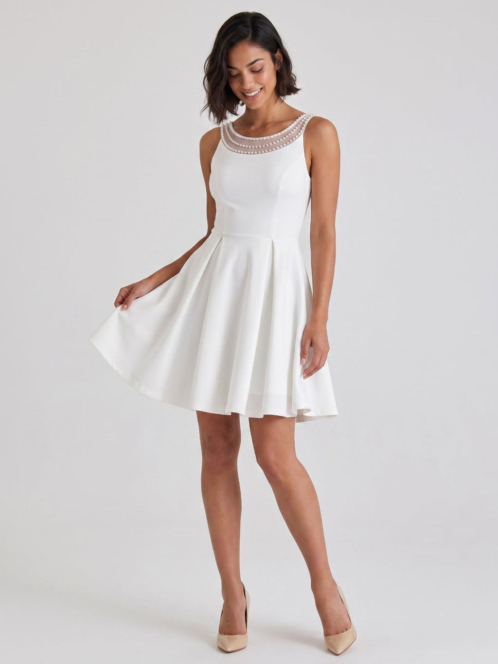 White Matte Satin A-Line Scoop Neck Short Dress with Pleating - Curvevia