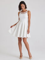 White Matte Satin A-Line Scoop Neck Short Dress with Pleating - Curvevia