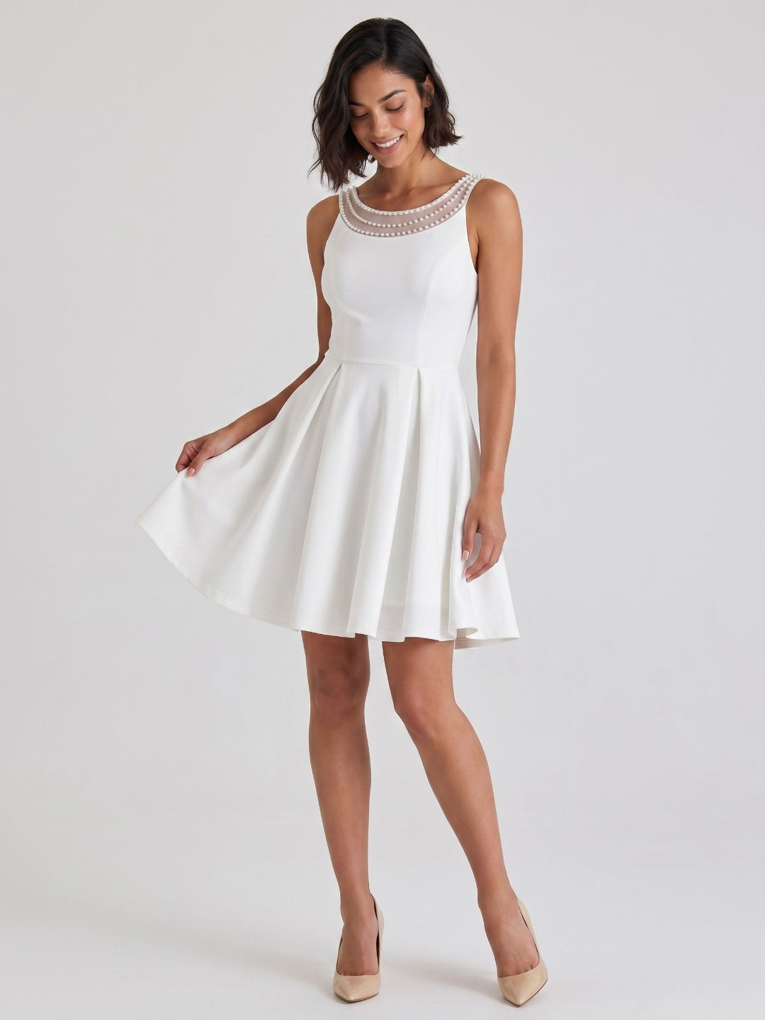 White Matte Satin A-Line Scoop Neck Short Dress with Pleating - Curvevia