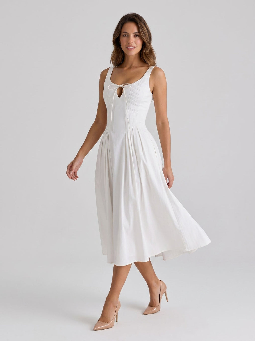 White Matte Satin A-Line Square Neck Back Zip Tea-Length Birthday Dress - Curvevia