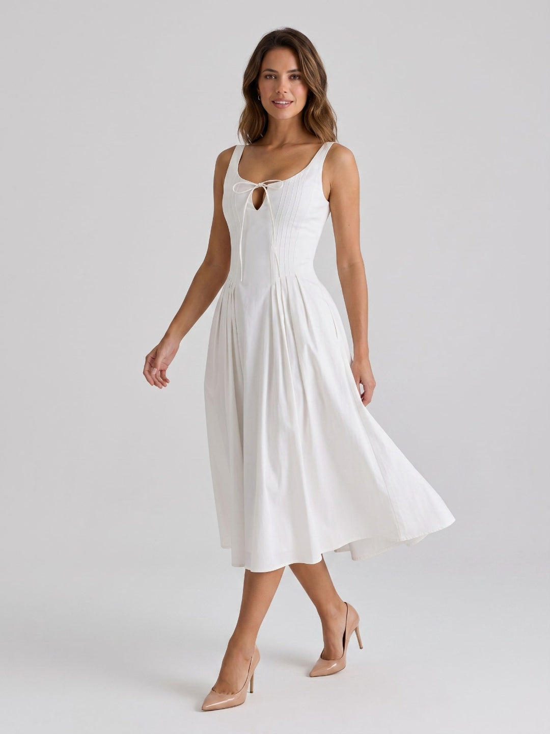 White Matte Satin A-Line Square Neck Back Zip Tea-Length Birthday Dress - Curvevia