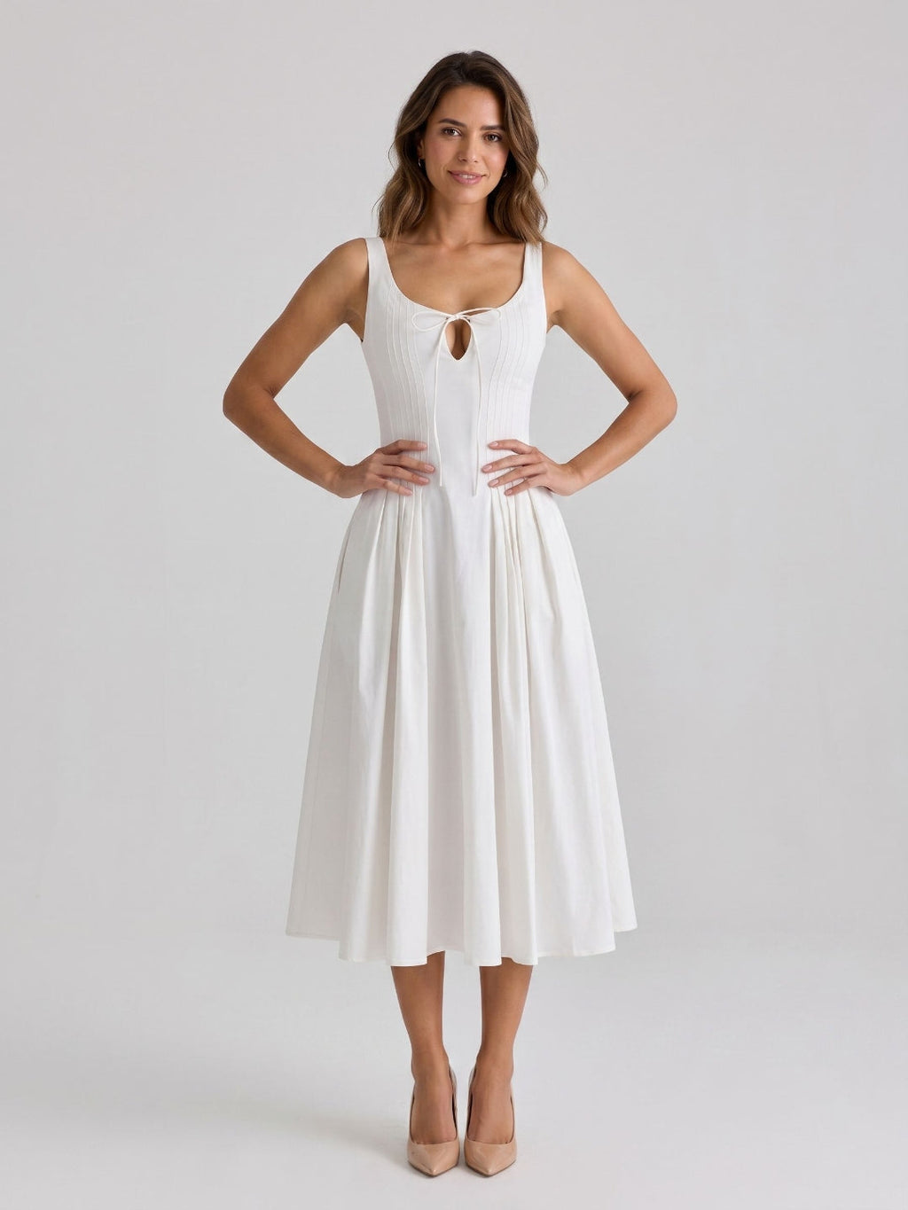 White Matte Satin A-Line Square Neck Back Zip Tea-Length Birthday Dress - Curvevia