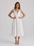 White Matte Satin A-Line Square Neck Back Zip Tea-Length Birthday Dress - Curvevia
