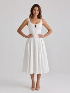 White Matte Satin A-Line Square Neck Back Zip Tea-Length Birthday Dress - Curvevia
