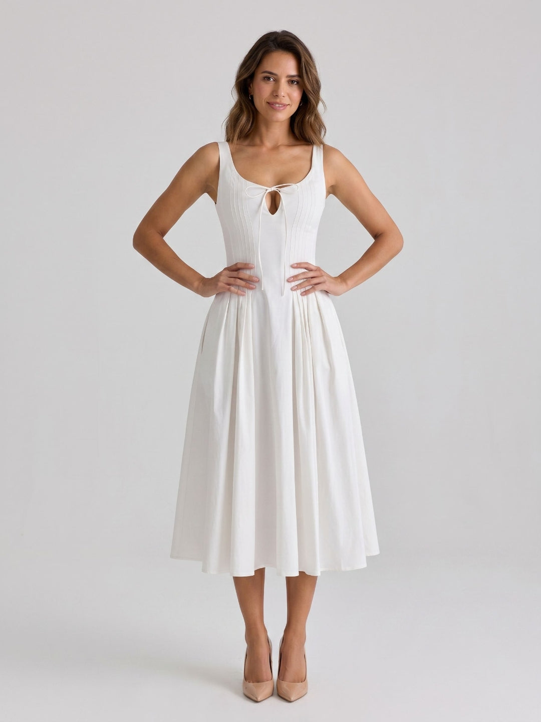 White Matte Satin A-Line Square Neck Back Zip Tea-Length Birthday Dress - Curvevia