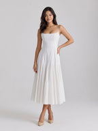 White Matte Satin A-Line Square Neck Back Zip Tea-Length Birthday Dress - Curvevia