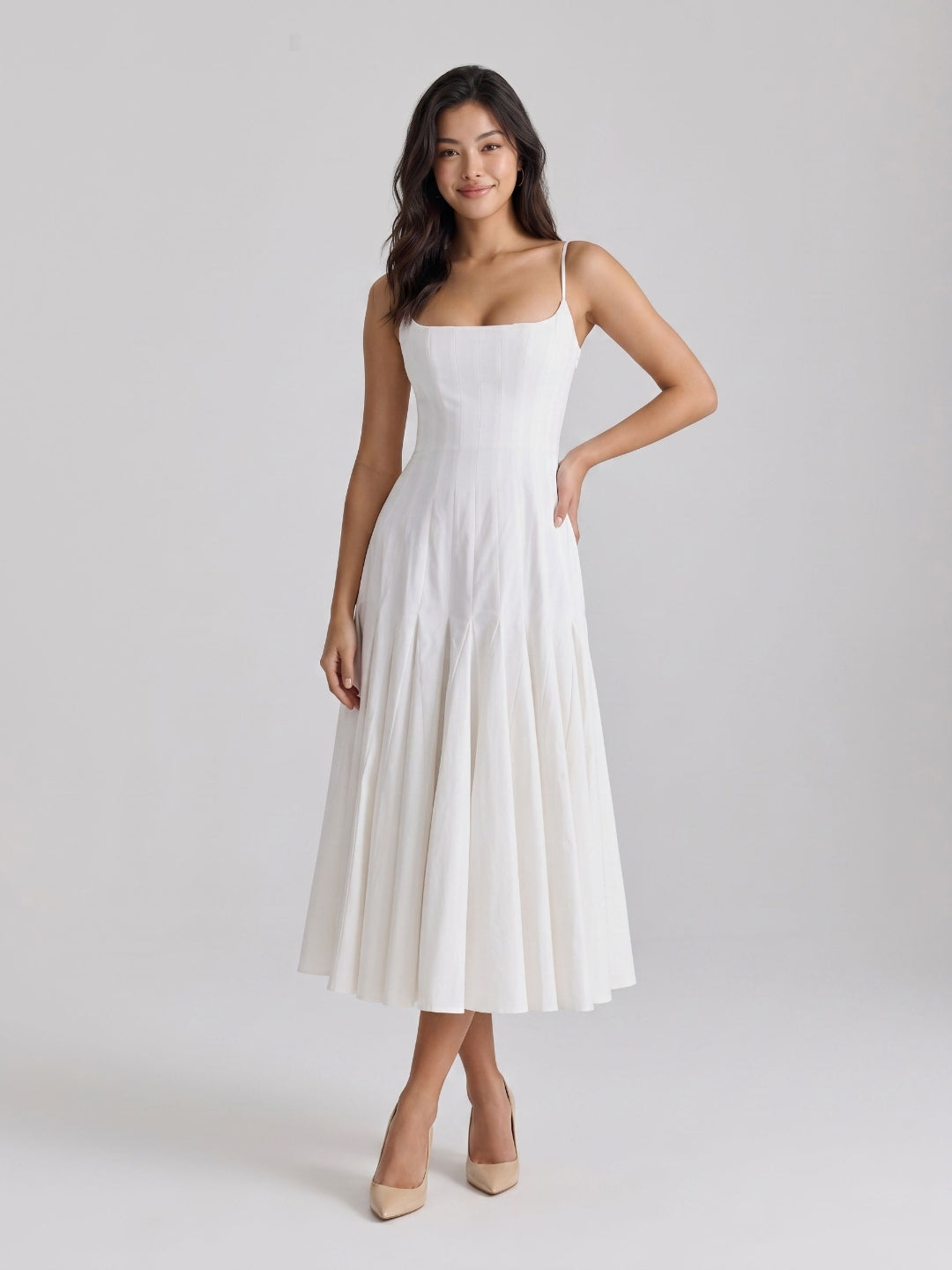White Matte Satin A-Line Square Neck Back Zip Tea-Length Birthday Dress - Curvevia