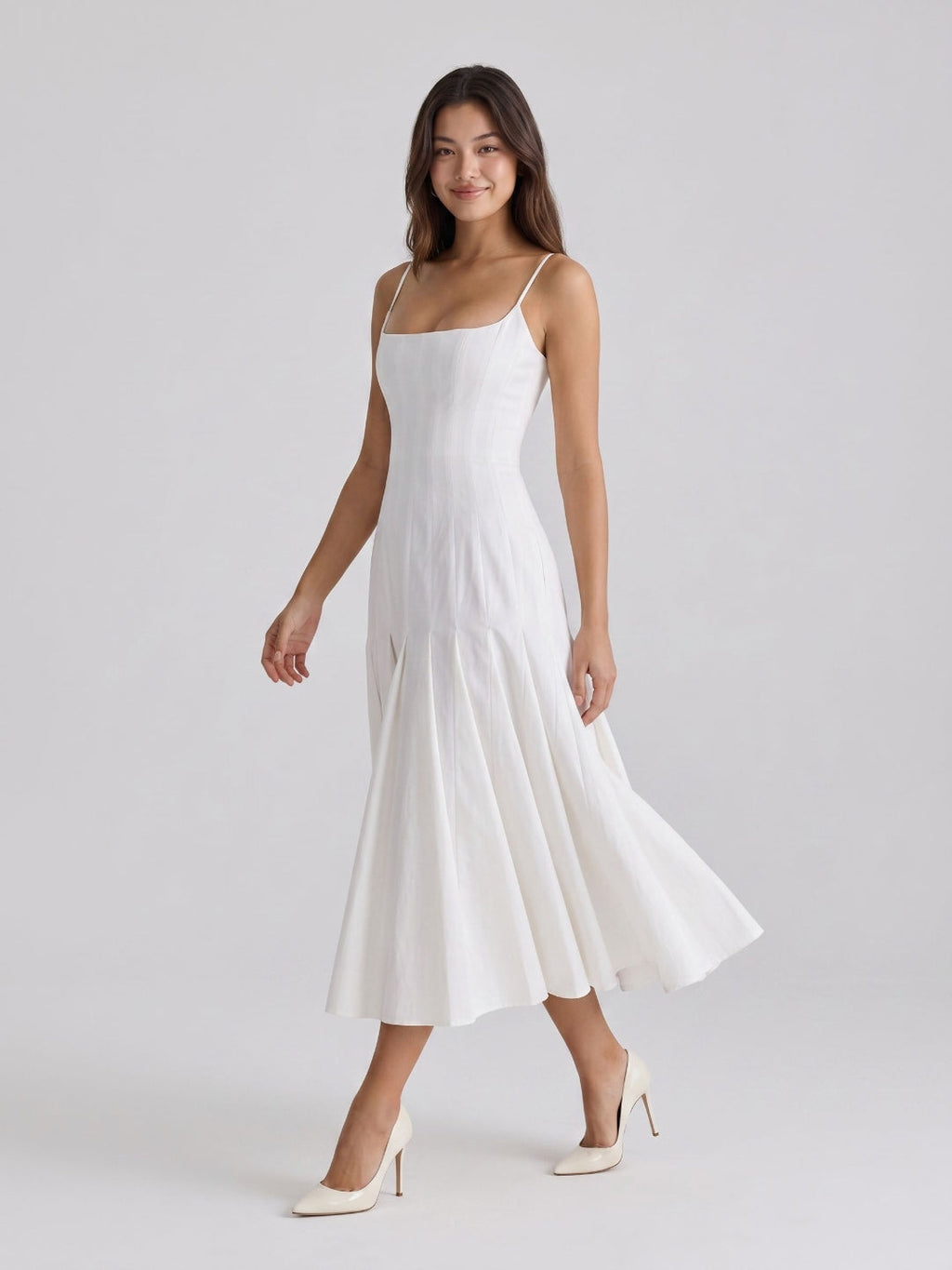White Matte Satin A-Line Square Neck Back Zip Tea-Length Birthday Dress - Curvevia