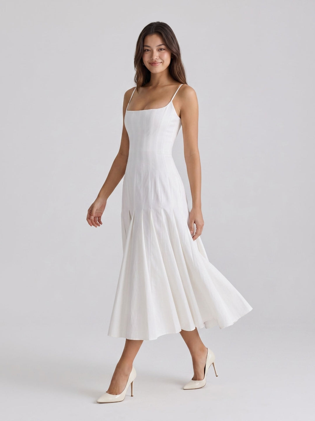 White Matte Satin A-Line Square Neck Back Zip Tea-Length Birthday Dress - Curvevia