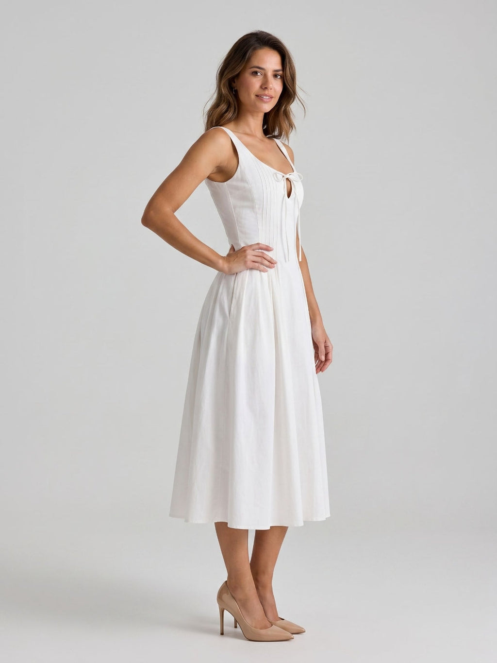 White Matte Satin A-Line Square Neck Back Zip Tea-Length Birthday Dress - Curvevia