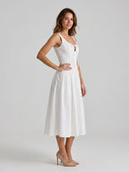 White Matte Satin A-Line Square Neck Back Zip Tea-Length Birthday Dress - Curvevia