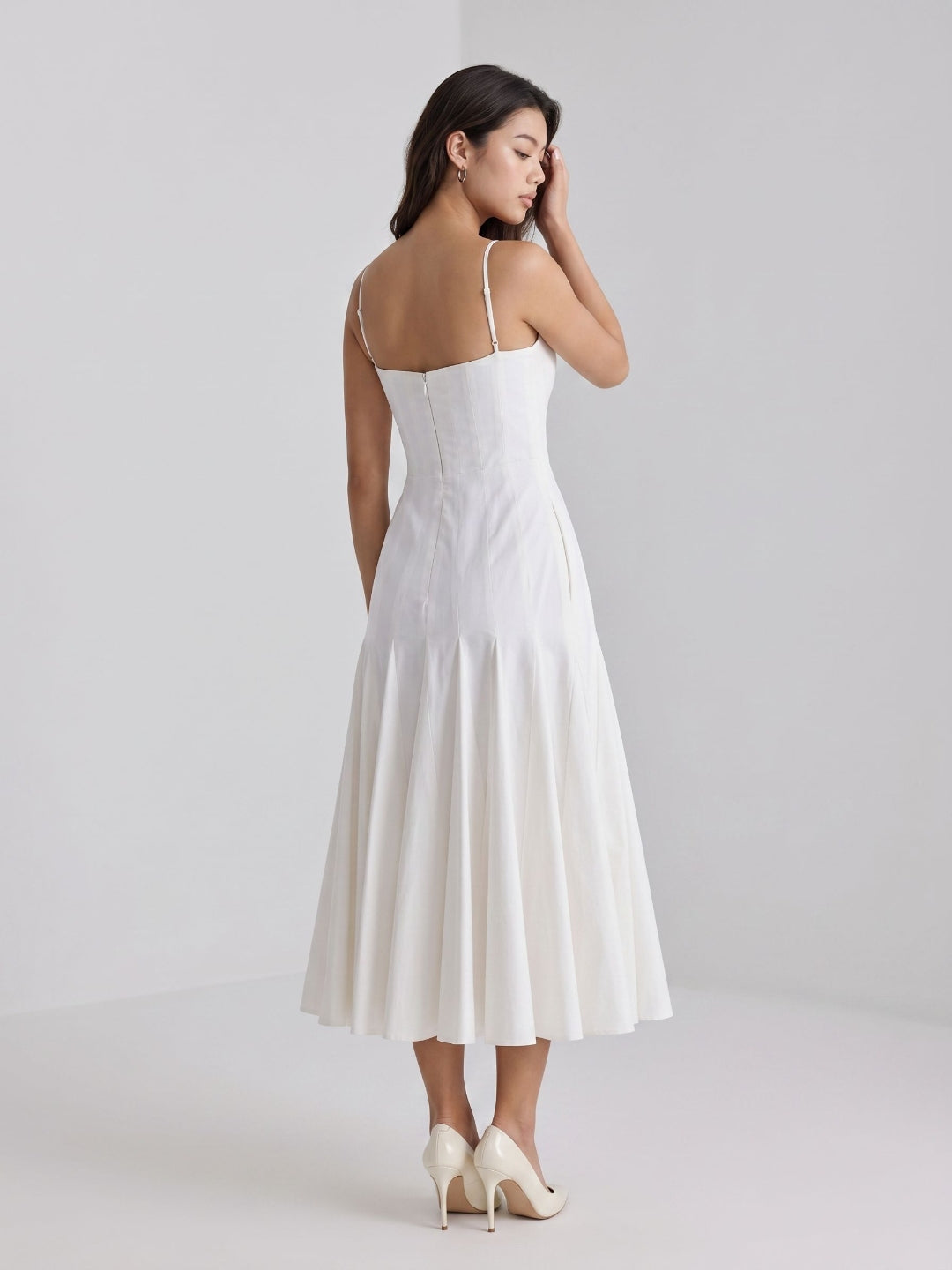 White Matte Satin A-Line Square Neck Back Zip Tea-Length Birthday Dress - Curvevia