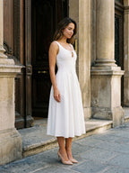 White Matte Satin A-Line Square Neck Back Zip Tea-Length Birthday Dress - Curvevia