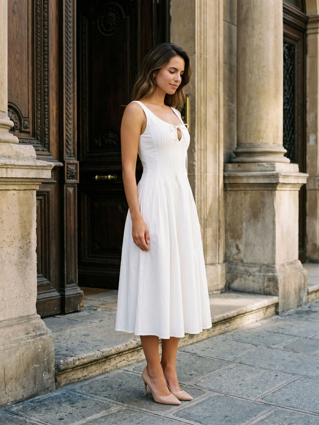 White Matte Satin A-Line Square Neck Back Zip Tea-Length Birthday Dress - Curvevia