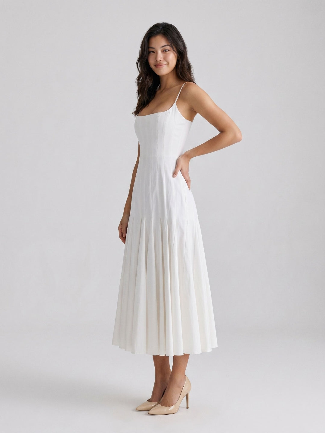 White Matte Satin A-Line Square Neck Back Zip Tea-Length Birthday Dress - Curvevia