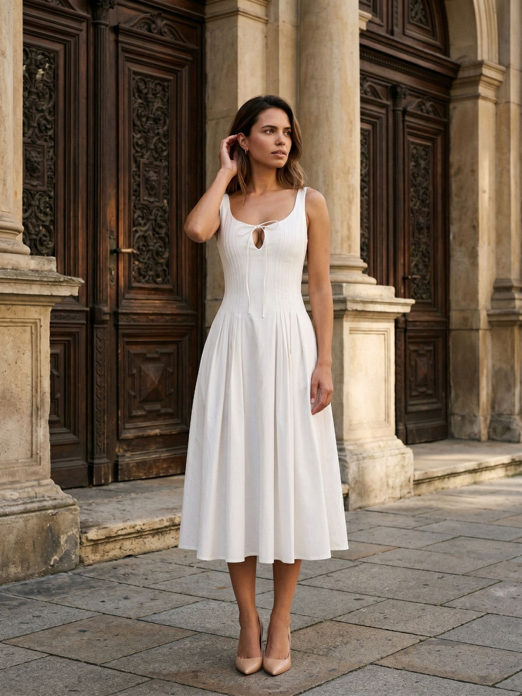 White Matte Satin A-Line Square Neck Back Zip Tea-Length Birthday Dress - Curvevia