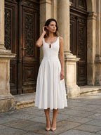 White Matte Satin A-Line Square Neck Back Zip Tea-Length Birthday Dress - Curvevia