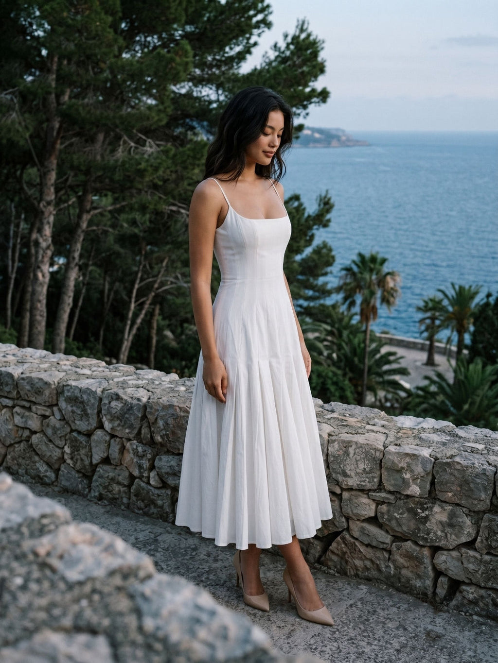White Matte Satin A-Line Square Neck Back Zip Tea-Length Birthday Dress - Curvevia