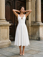 White Matte Satin A-Line Square Neck Back Zip Tea-Length Birthday Dress - Curvevia