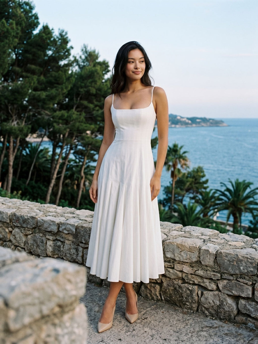 White Matte Satin A-Line Square Neck Back Zip Tea-Length Birthday Dress - Curvevia