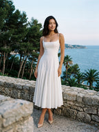 White Matte Satin A-Line Square Neck Back Zip Tea-Length Birthday Dress - Curvevia