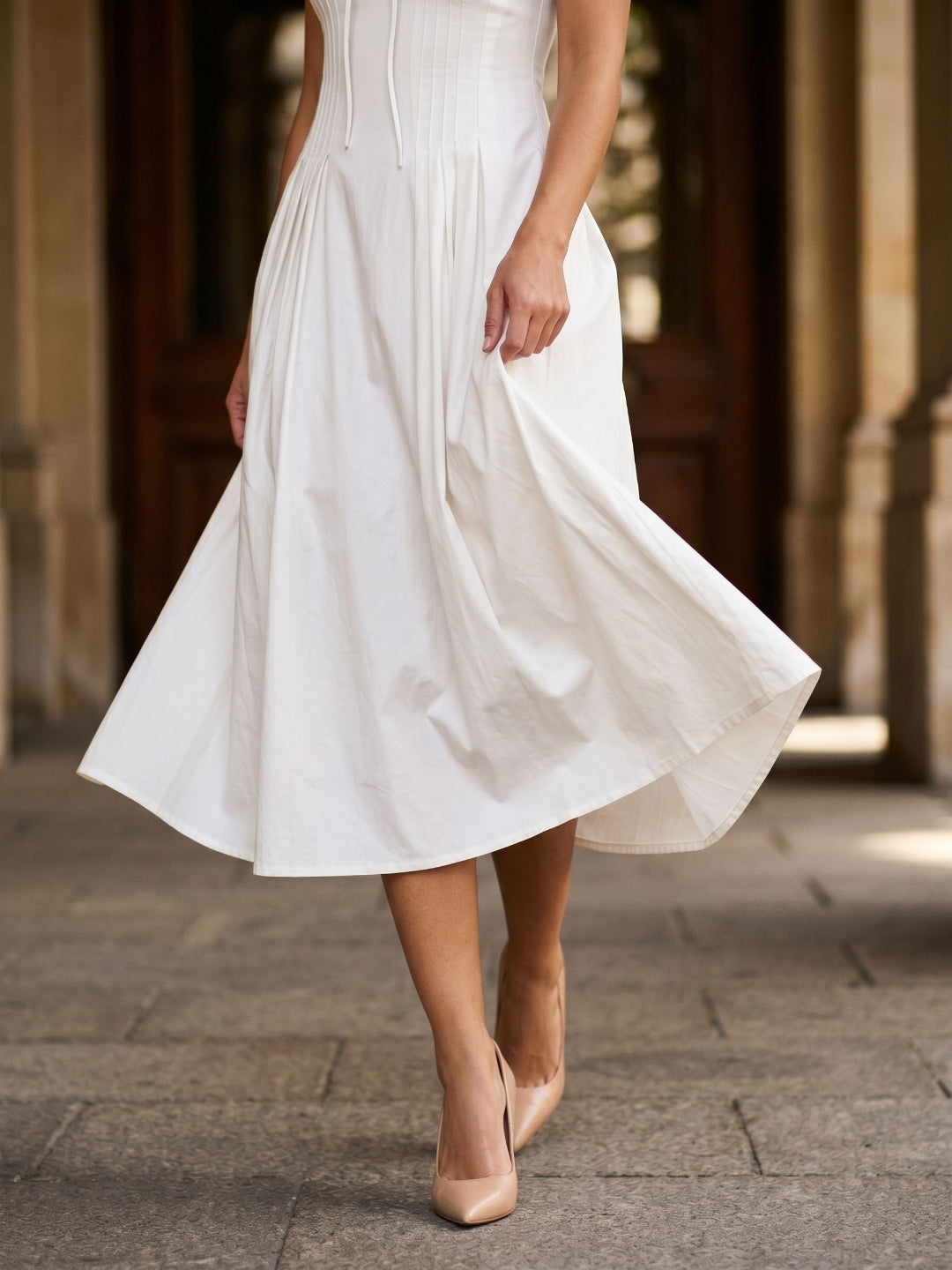White Matte Satin A-Line Square Neck Back Zip Tea-Length Birthday Dress - Curvevia