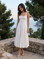 White Matte Satin A-Line Square Neck Back Zip Tea-Length Birthday Dress - Curvevia
