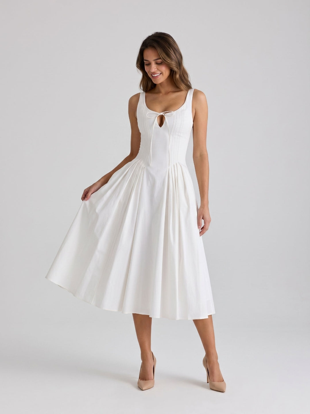 White Matte Satin A-Line Square Neck Back Zip Tea-Length Birthday Dress - Curvevia