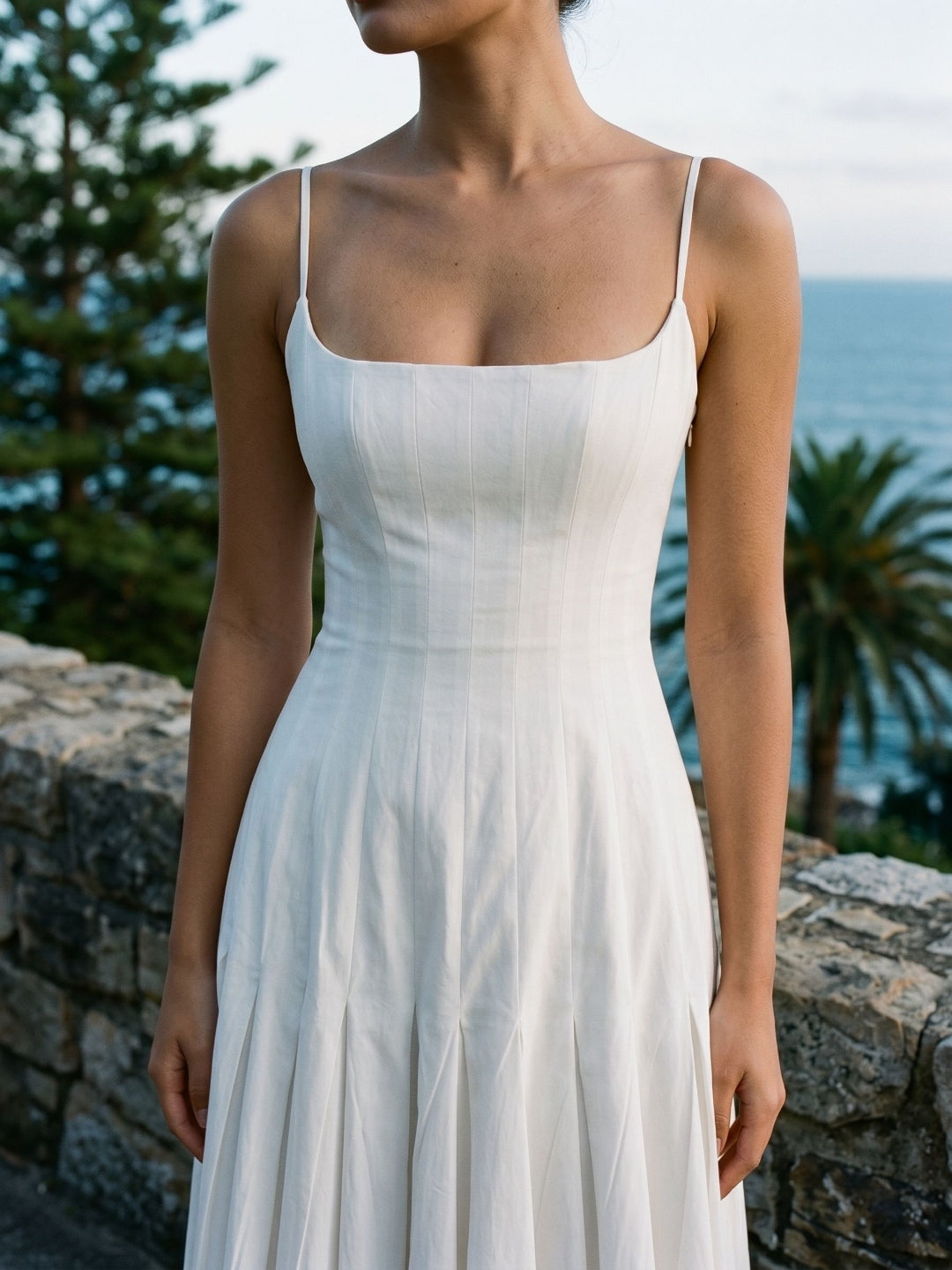White Matte Satin A-Line Square Neck Back Zip Tea-Length Birthday Dress - Curvevia