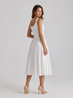 White Matte Satin A-Line Square Neck Back Zip Tea-Length Birthday Dress - Curvevia