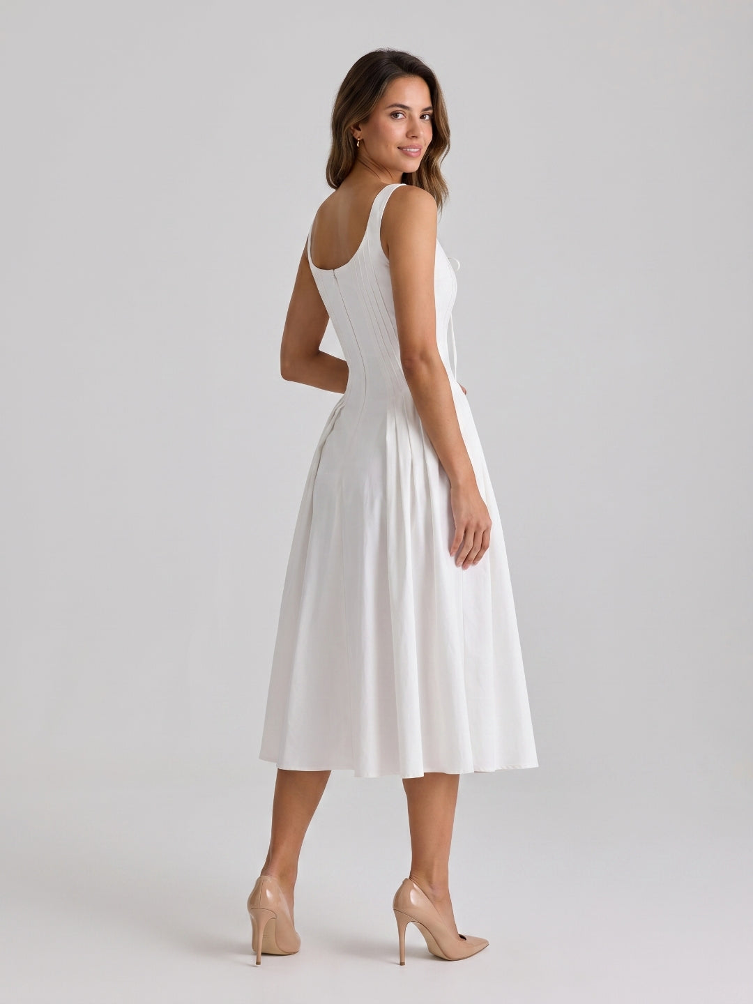 White Matte Satin A-Line Square Neck Back Zip Tea-Length Birthday Dress - Curvevia