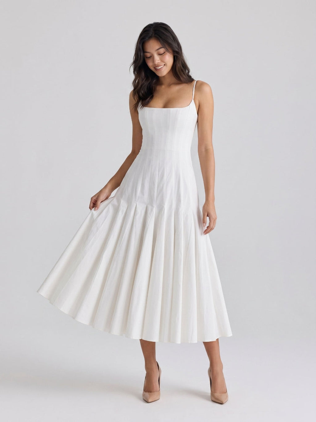 White Matte Satin A-Line Square Neck Back Zip Tea-Length Birthday Dress - Curvevia