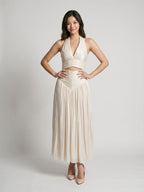 White Matte Satin A-Line V-Neck Back Zip Ankle-Length Formal Dress with Pleating - Curvevia