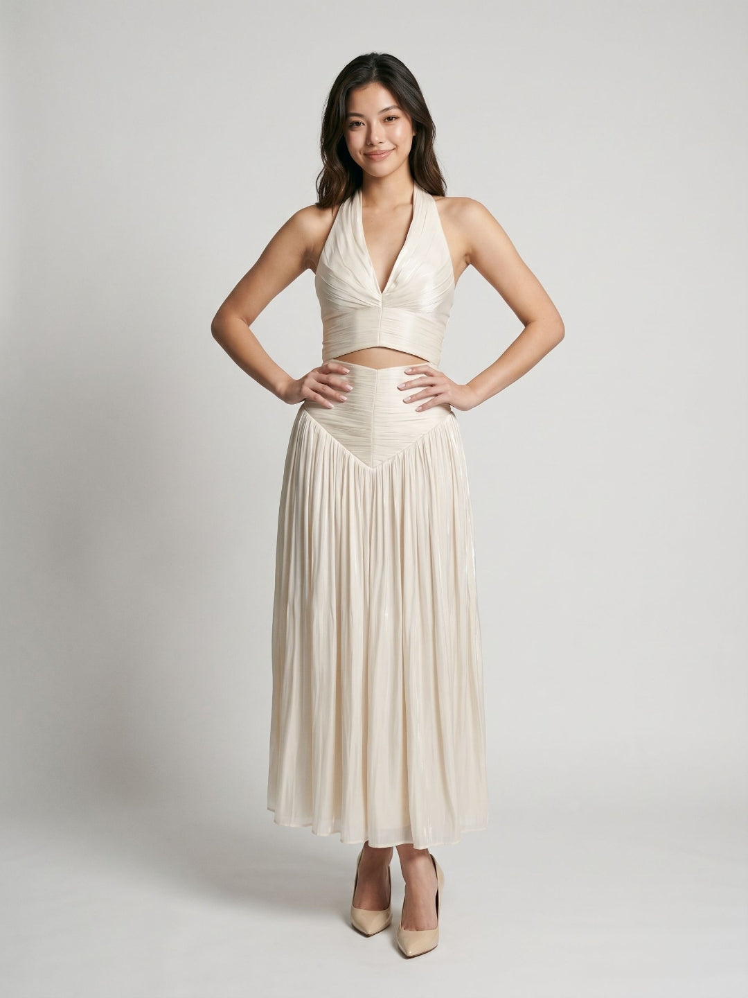 White Matte Satin A-Line V-Neck Back Zip Ankle-Length Formal Dress with Pleating - Curvevia