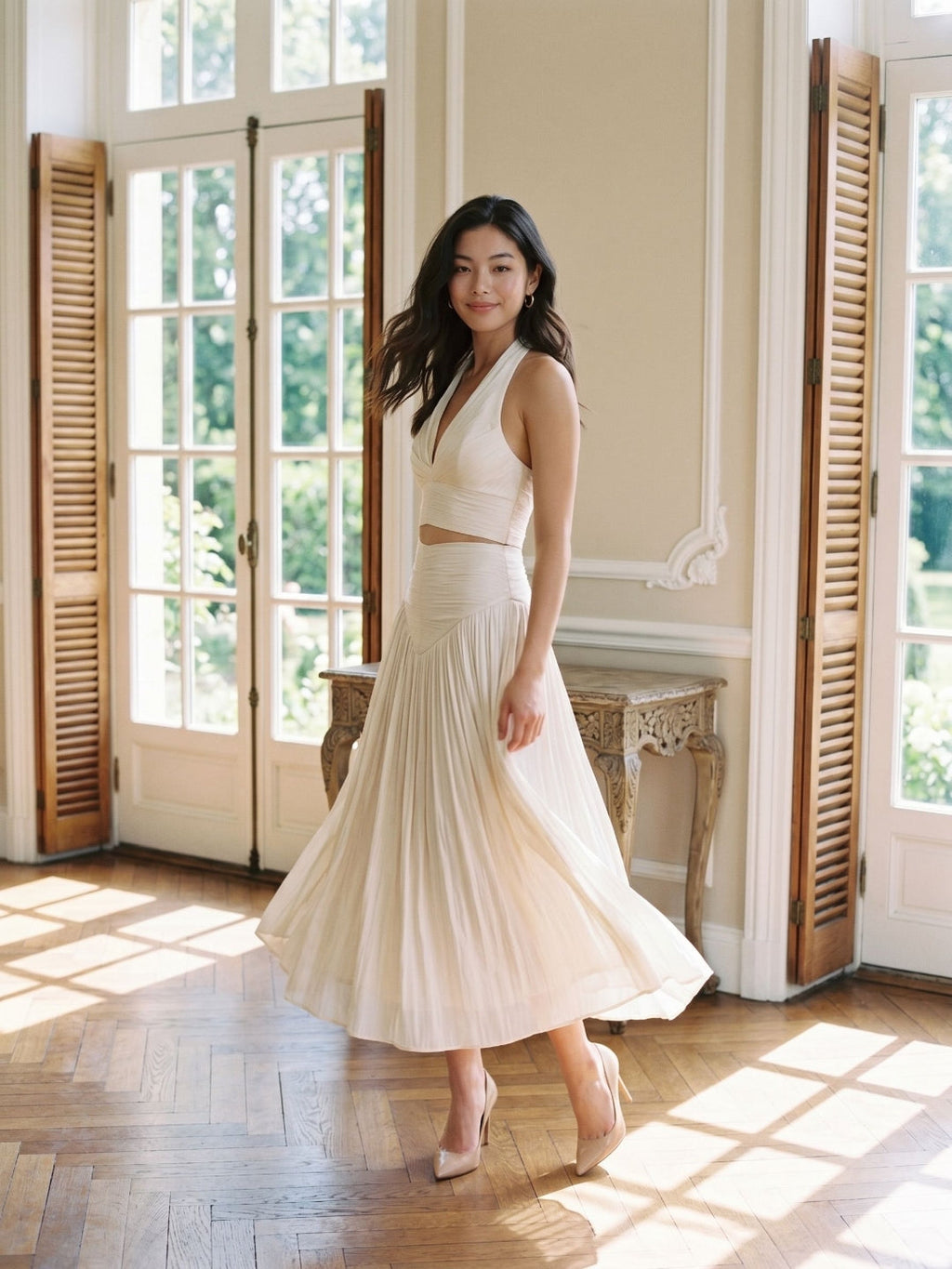 White Matte Satin A-Line V-Neck Back Zip Ankle-Length Formal Dress with Pleating - Curvevia