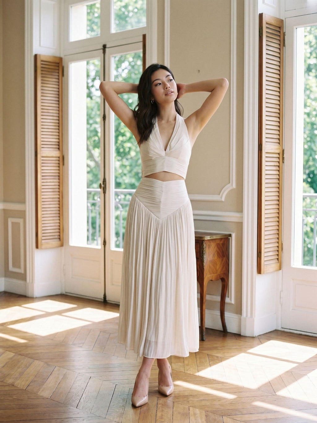 White Matte Satin A-Line V-Neck Back Zip Ankle-Length Formal Dress with Pleating - Curvevia